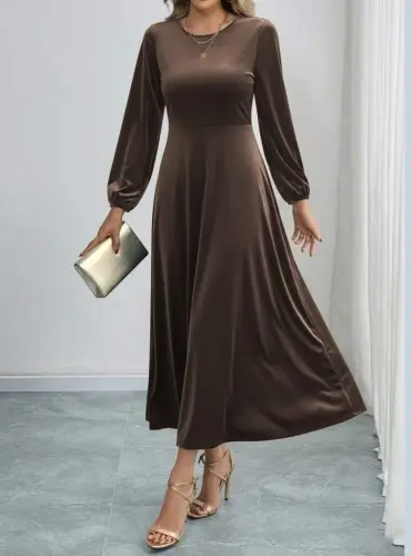 Angelino Women's Long Sleeve Turtleneck Midi BROWN Velvet Dress - 1