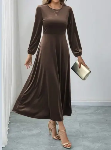 Angelino Women's Long Sleeve Turtleneck Midi BROWN Velvet Dress - 3