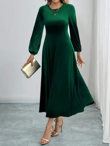 Angelino Women's Long Sleeve Turtleneck Midi GREEN Velvet Dress - 2