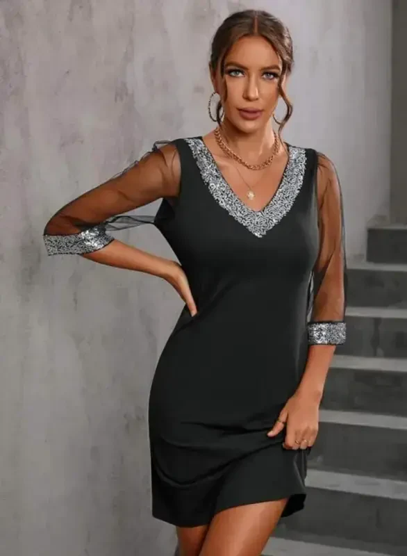 Angelino Women's Long Sleeve V-Neck and Cuff Sequin Crepe Dress - 6