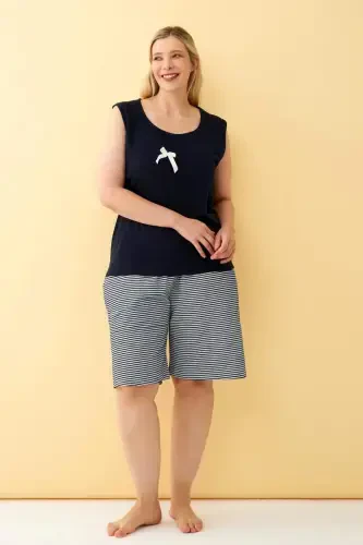 Angelino Women's Navy Ribbon Detailed Shorts Plus Size Pajamas Set - 1