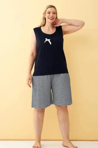 Angelino Women's Navy Ribbon Detailed Shorts Plus Size Pajamas Set - BÜYÜKBEDENIZ (1)