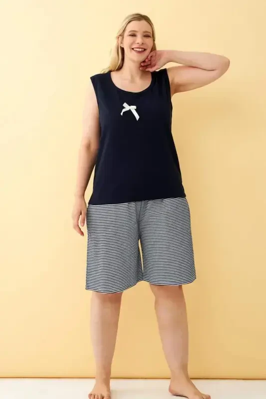 Angelino Women's Navy Ribbon Detailed Shorts Plus Size Pajamas Set - 2