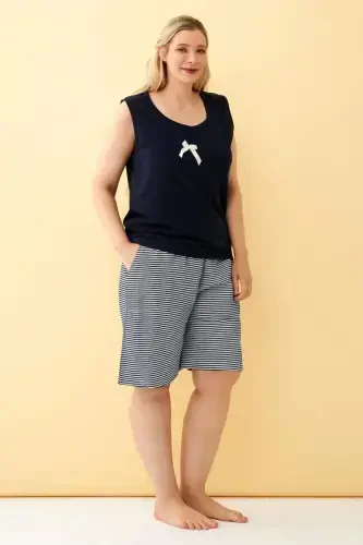 Angelino Women's Navy Ribbon Detailed Shorts Plus Size Pajamas Set - 3