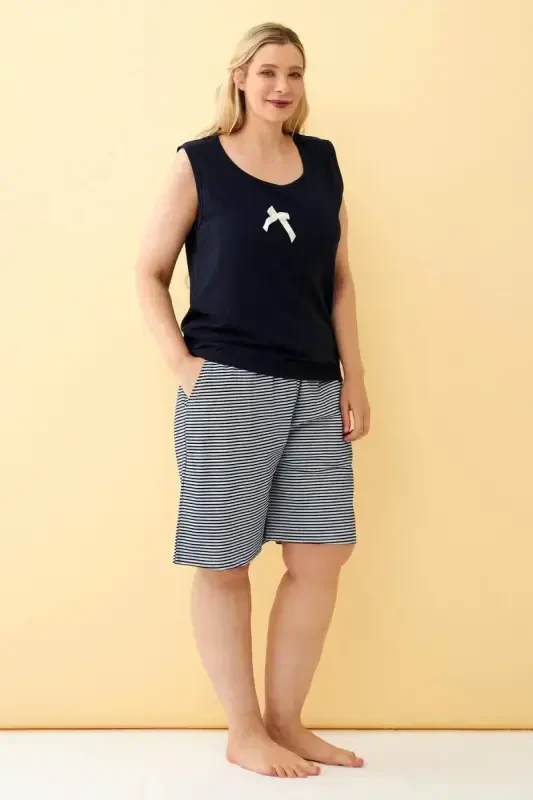 Angelino Women's Navy Ribbon Detailed Shorts Plus Size Pajamas Set - 3