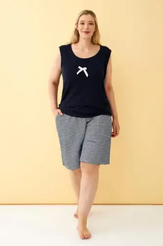 Angelino Women's Navy Ribbon Detailed Shorts Plus Size Pajamas Set - 4