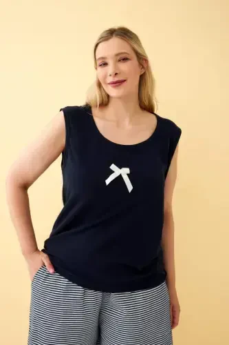 Angelino Women's Navy Ribbon Detailed Shorts Plus Size Pajamas Set - 5