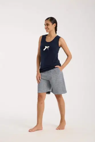 Angelino Women's Navy Ribbon Detailed Striped Shorts Pajama Set - 2