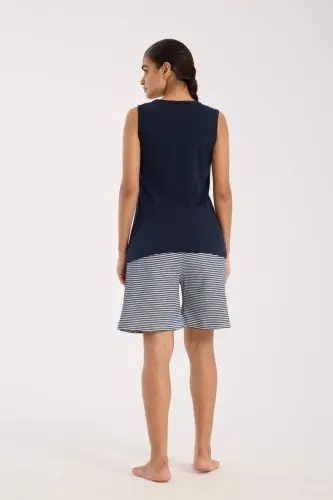 Angelino Women's Navy Ribbon Detailed Striped Shorts Pajama Set - 4