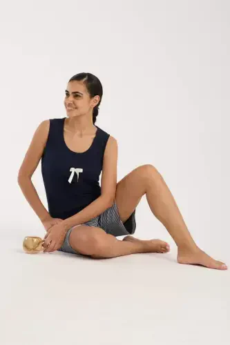 Angelino Women's Navy Ribbon Detailed Striped Shorts Pajama Set - 1