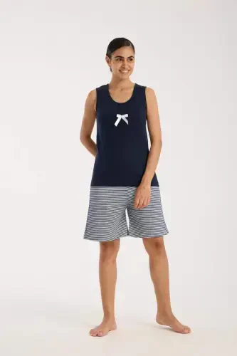 Angelino Women's Navy Ribbon Detailed Striped Shorts Pajama Set - 3