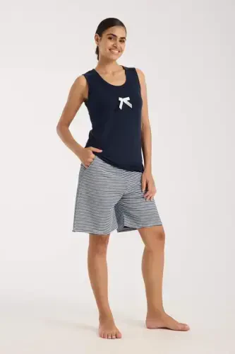 Angelino Women's Navy Ribbon Detailed Striped Shorts Pajama Set - 5