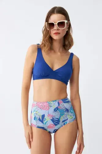 Angelino Women's Padded Leaf Patterned High Waist Sax Bikini Set - 1