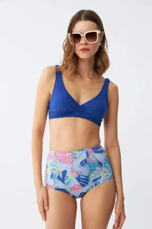 Angelino Women's Padded Leaf Patterned High Waist Sax Bikini Set - 1