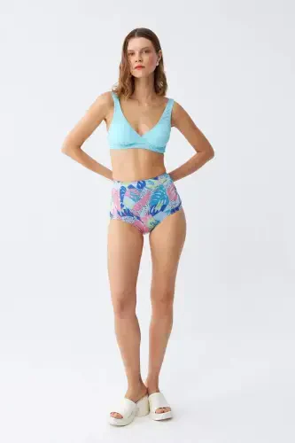 Angelino Women's Padded Top Tropical Patterned High Waist Bikini Set - Ice Blue - 1