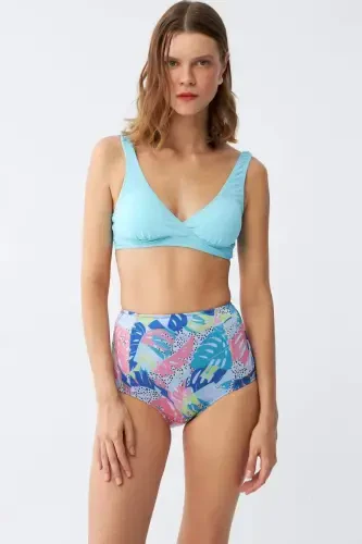 Angelino Women's Padded Top Tropical Patterned High Waist Bikini Set - Ice Blue - 2