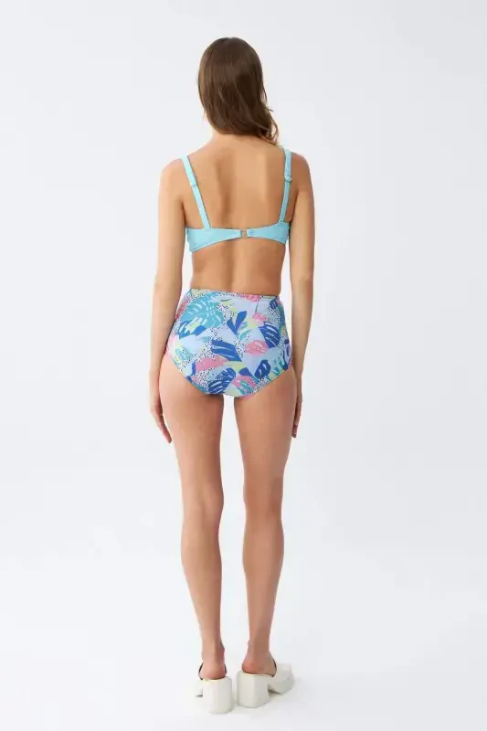 Angelino Women's Padded Top Tropical Patterned High Waist Bikini Set - Ice Blue - 5
