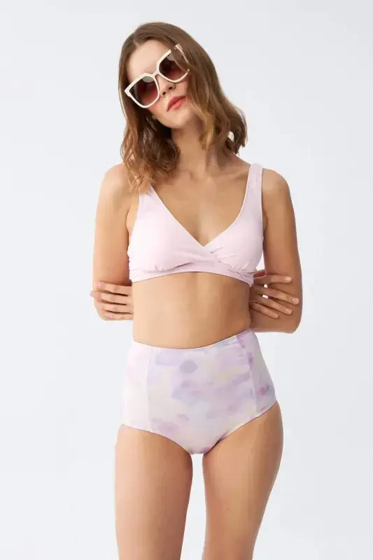 Angelino Women's Pink Padded Top and Pastel Patterned High Waist Bikini Set - 2