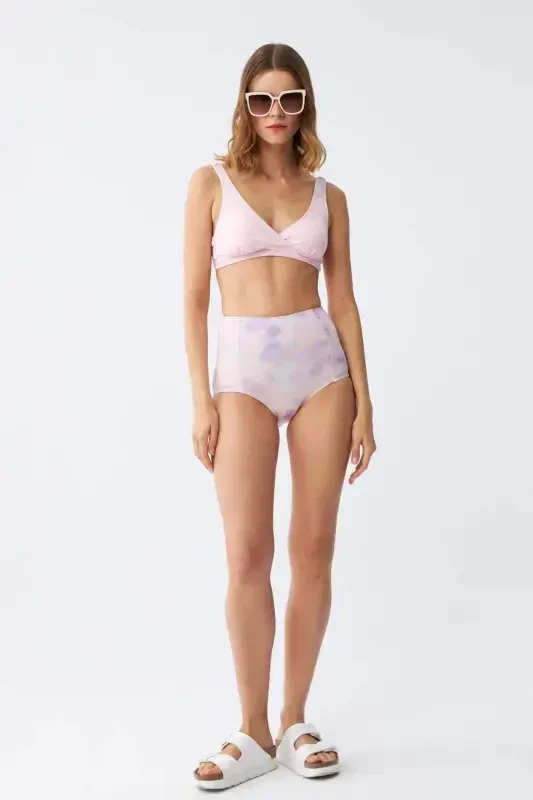 Angelino Women's Pink Padded Top and Pastel Patterned High Waist Bikini Set - 3