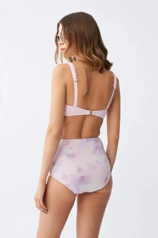 Angelino Women's Pink Padded Top and Pastel Patterned High Waist Bikini Set - 6