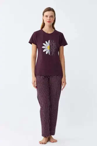 Angelino Women's Plum Daisy Printed Short Sleeve Jersey Pajama Set - BÜYÜKBEDENIZ (1)