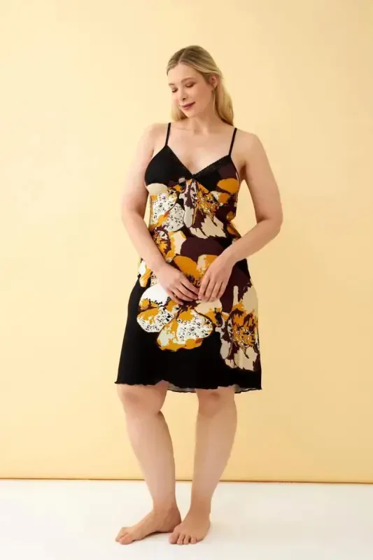 Angelino Women's Plus Size Black Floral Print Tank Top Nightgown - BÜYÜKBEDENIZ