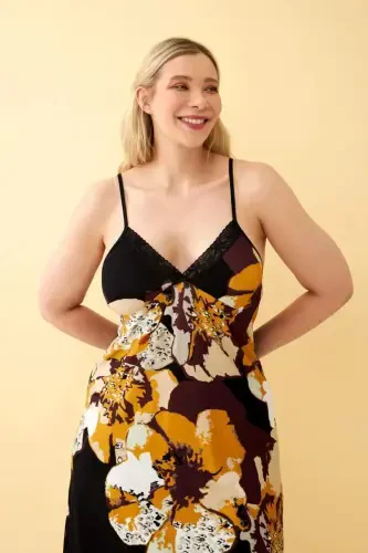 Angelino Women's Plus Size Black Floral Print Tank Top Nightgown - 5