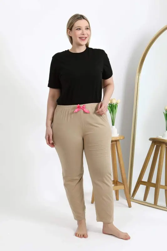 Angelino Women's Plus Size Cotton Bottom Pajamas 27559 Beige - BÜYÜKBEDENIZ