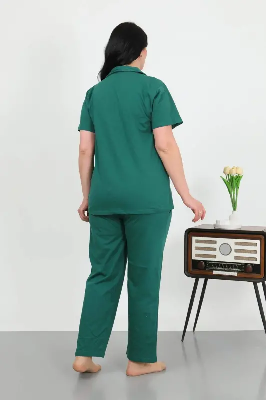 Angelino Women's Plus Size Cotton Button-Down Emerald Green Pajama Set 202507 - 4
