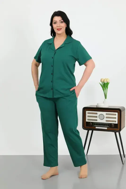 Angelino Women's Plus Size Cotton Button-Down Emerald Green Pajama Set 202507 - 1
