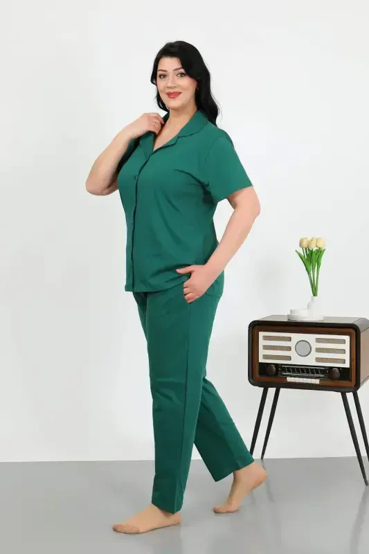 Angelino Women's Plus Size Cotton Button-Down Emerald Green Pajama Set 202507 - 7
