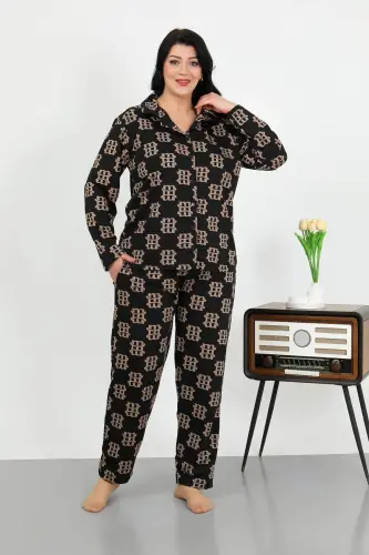 Angelino Women's Plus Size Cotton Button-Down Pocket Black Pajama Set 202506 - 5