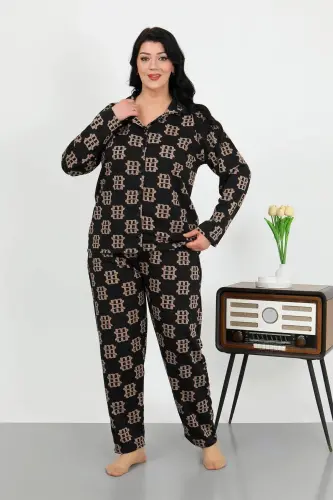 Angelino Women's Plus Size Cotton Button-Down Pocket Black Pajama Set 202506 - 7