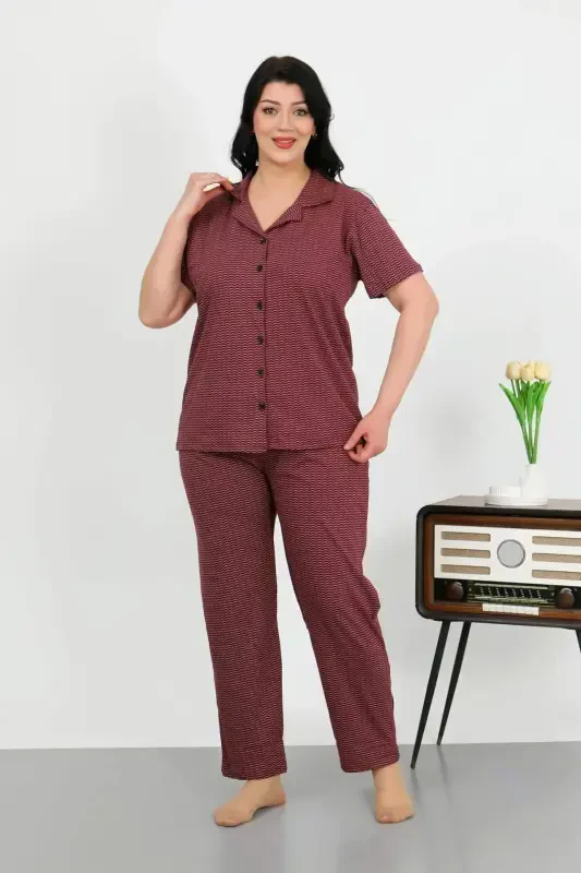 Angelino Women's Plus Size Cotton Button-Up Pajama Set with Pockets, Purple 202507 - BÜYÜKBEDENIZ