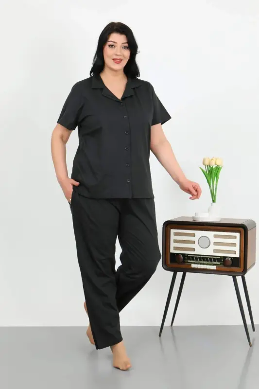 Angelino Women's Plus Size Cotton Buttoned Black Pajama Set with Pockets 202507 - 6