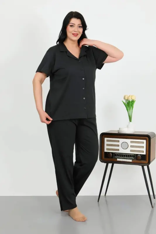 Angelino Women's Plus Size Cotton Buttoned Black Pajama Set with Pockets 202507 - BÜYÜKBEDENIZ