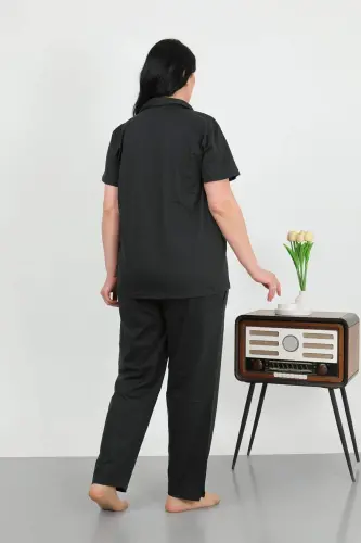 Angelino Women's Plus Size Cotton Buttoned Black Pajama Set with Pockets 202507 - 7