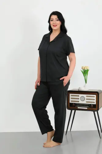 Angelino Women's Plus Size Cotton Buttoned Black Pajama Set with Pockets 202507 - BÜYÜKBEDENIZ (1)