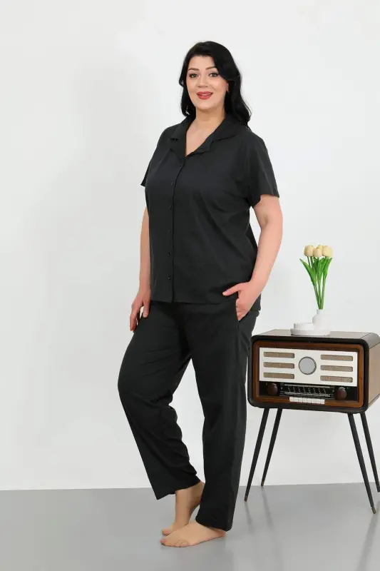 Angelino Women's Plus Size Cotton Buttoned Black Pajama Set with Pockets 202507 - 2
