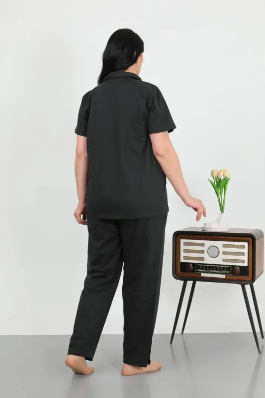 Angelino Women's Plus Size Cotton Buttoned Black Pajama Set with Pockets 202507 - 4