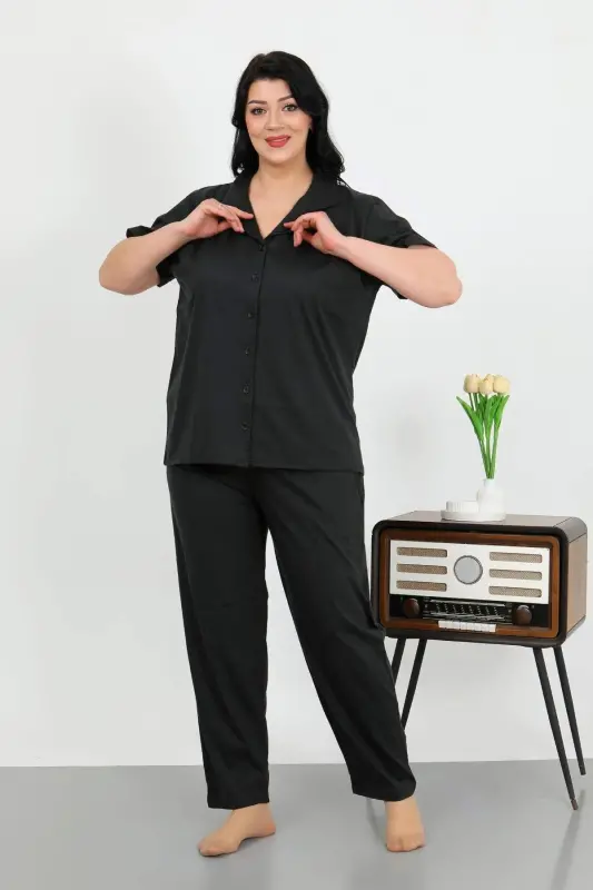 Angelino Women's Plus Size Cotton Buttoned Black Pajama Set with Pockets 202507 - 5
