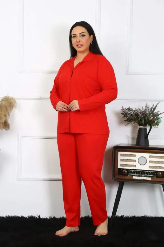 Angelino Women's Plus Size Cotton Pocket Button Red Pajama Set 202401 - 3
