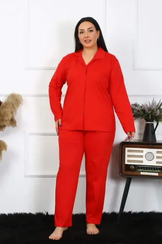 Angelino Women's Plus Size Cotton Pocket Button Red Pajama Set 202401 - 6