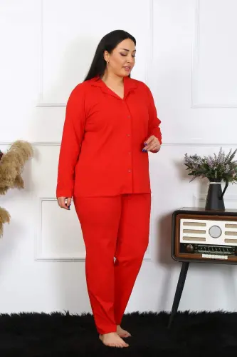 Angelino Women's Plus Size Cotton Pocket Button Red Pajama Set 202401 - 4