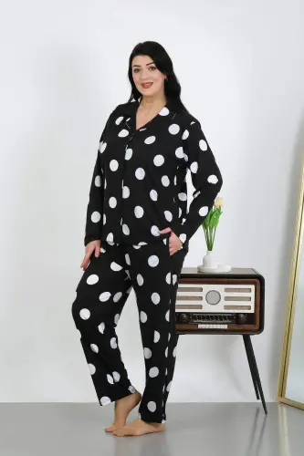 Angelino Women's Plus Size Cotton Pocketed Buttoned Black Pajama Set 202504 - 6