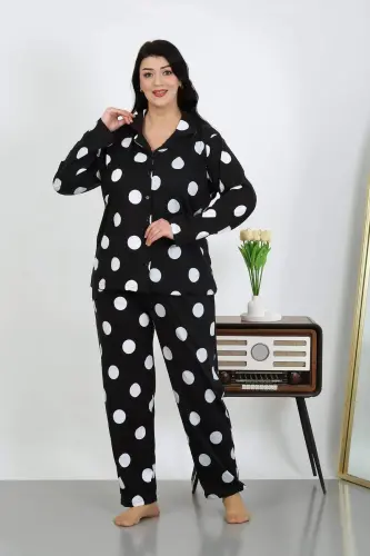 Angelino Women's Plus Size Cotton Pocketed Buttoned Black Pajama Set 202504 - 7