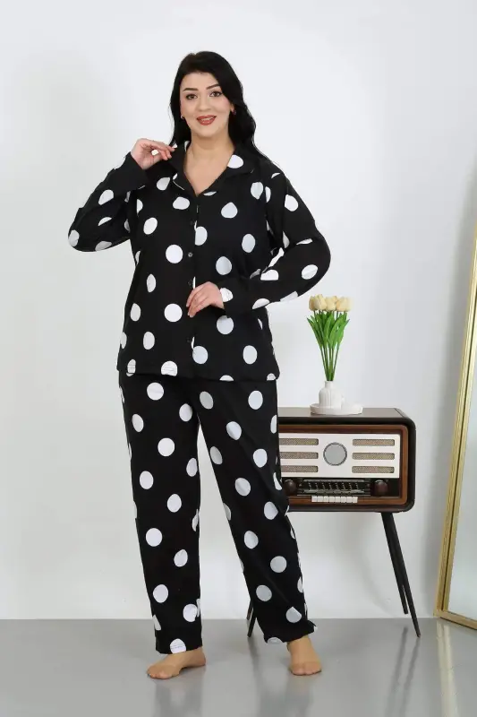 Angelino Women's Plus Size Cotton Pocketed Buttoned Black Pajama Set 202504 - 7