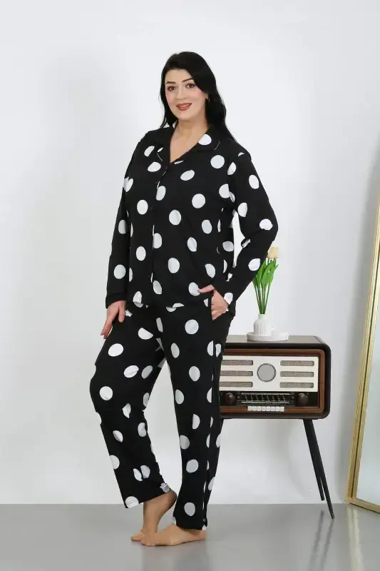 Angelino Women's Plus Size Cotton Pocketed Buttoned Black Pajama Set 202504 - 3