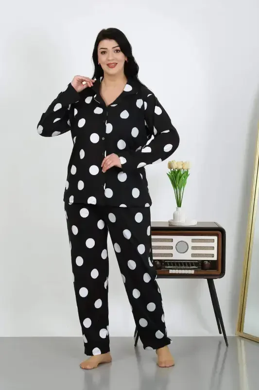 Angelino Women's Plus Size Cotton Pocketed Buttoned Black Pajama Set 202504 - 4