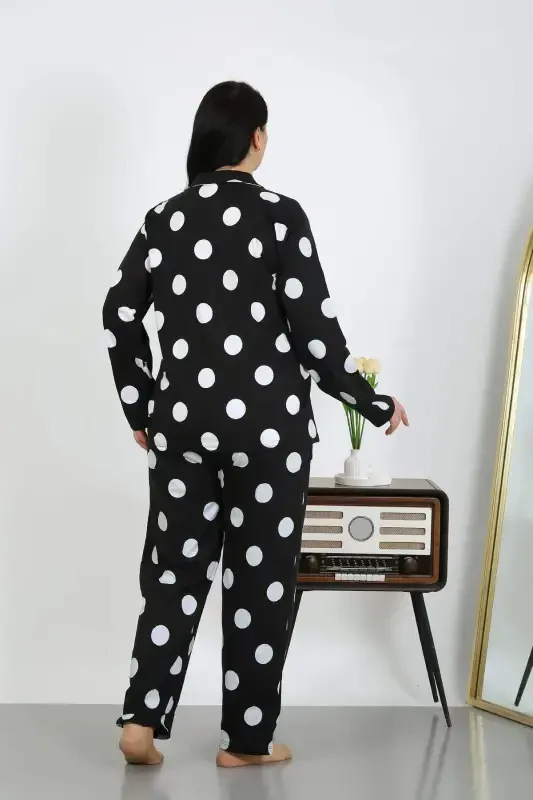Angelino Women's Plus Size Cotton Pocketed Buttoned Black Pajama Set 202504 - 5